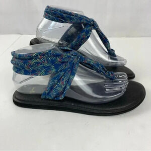 Sanuk Womens 7 Yoga Sling Mat Thong Sandals Blue Palm Graphic Comfort Shoe